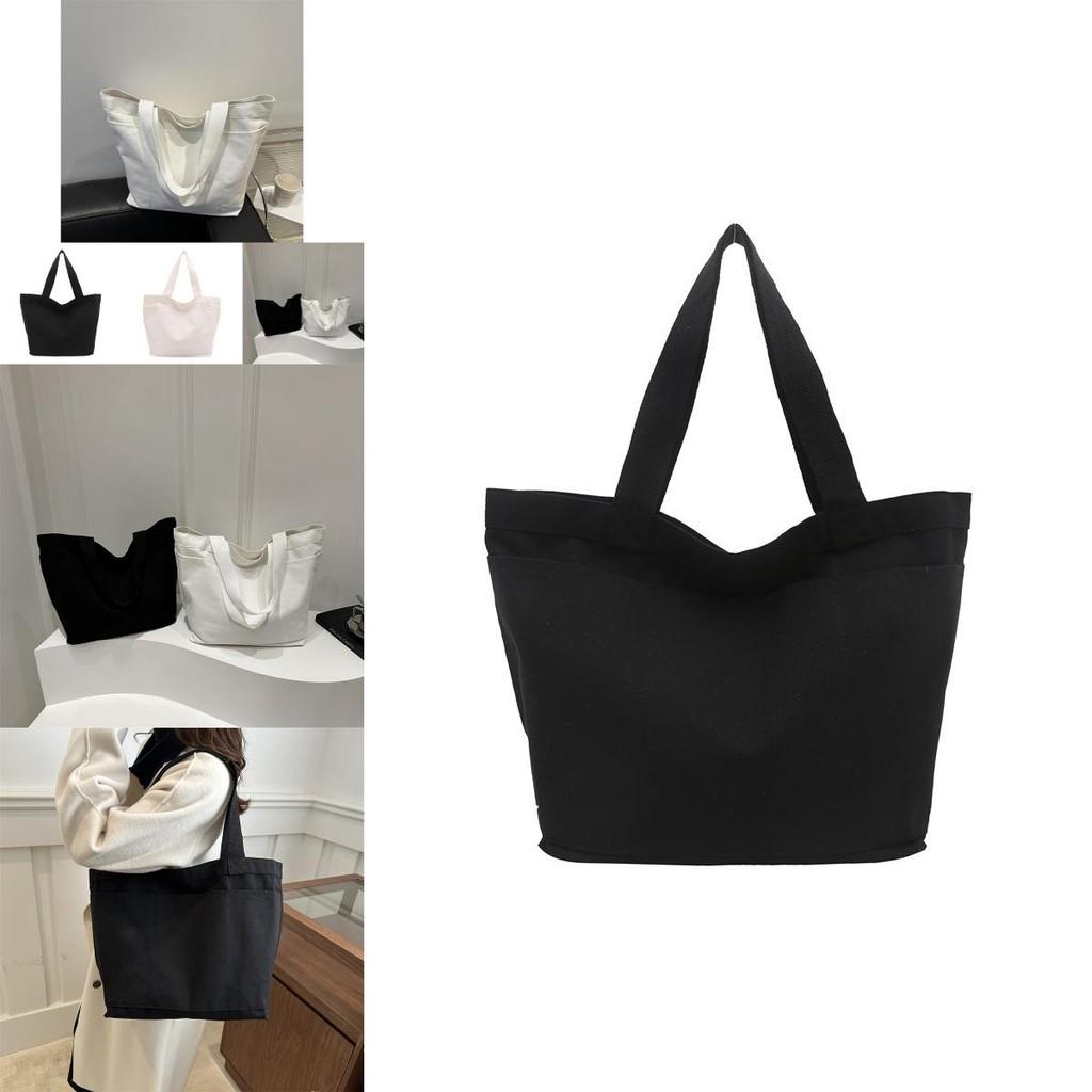 Large Capacity Minimalist Korean Style Solid Color Canvas Tote Bag For Women In Black And White