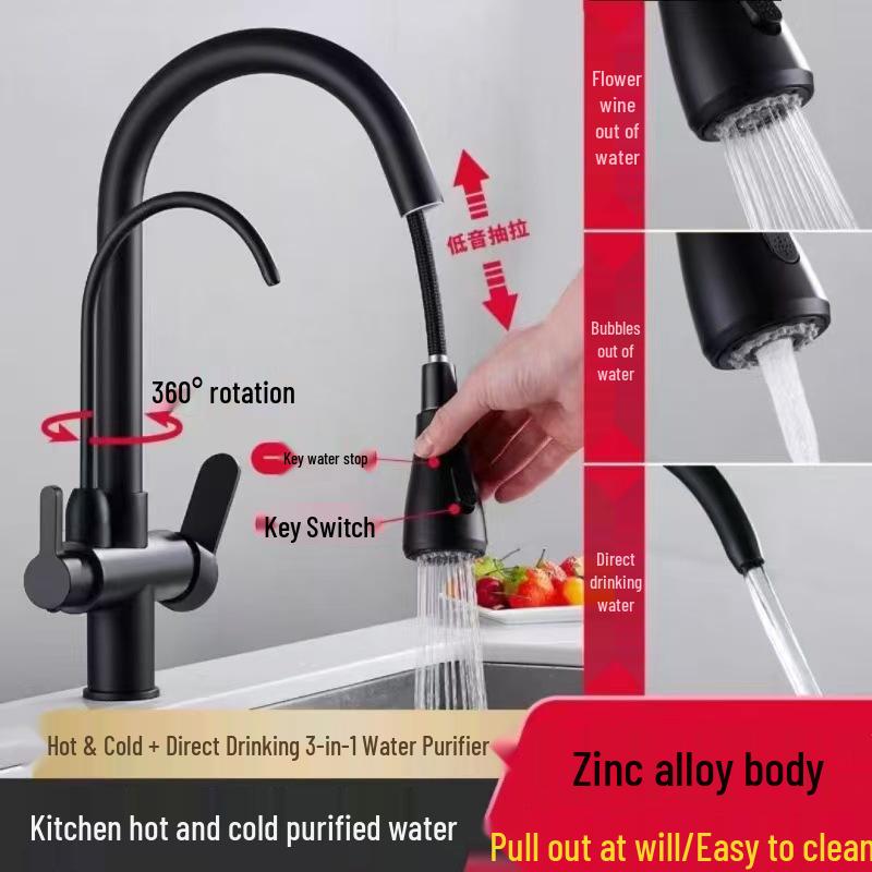 All-Copper 3-in-1 Pull-Out Kitchen Faucet with Hot, Cold, and Pure Water Options