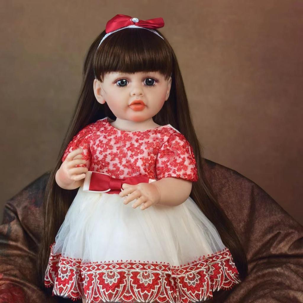 Lifelike Reborn Baby Dolls 22 Inch Realistic Newborn Girl Doll with Brown Long Hair Best Birthday Set for Girls Birthday XAMS Easter Gift