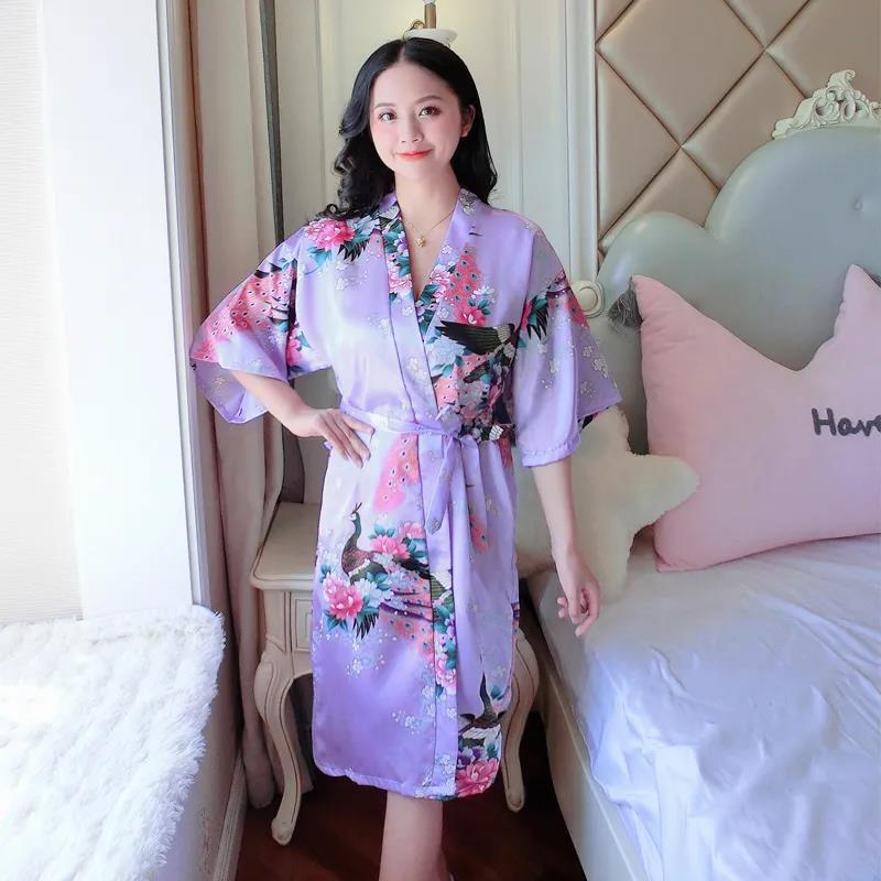 Bata de satén de seda suave para mujer, vestido tipo kimono con