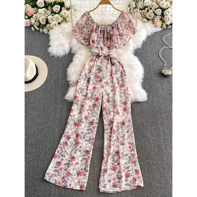 Women's Floral Loose Pants Jumpsuit Summer High Waist Waist-Tight Slimming Flounce off-Shoulder Jumpsuit Short Sleeve