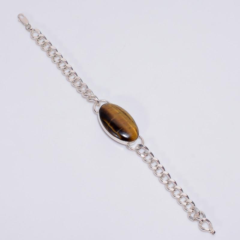 

Classic Top Grade Qualite 100% Natural Tiger Eye Oval Shape Ethnic Style Handmade Jewelry 925 Steling Silver Plated Bracelet 8 WSJ-4671 8 коричневий