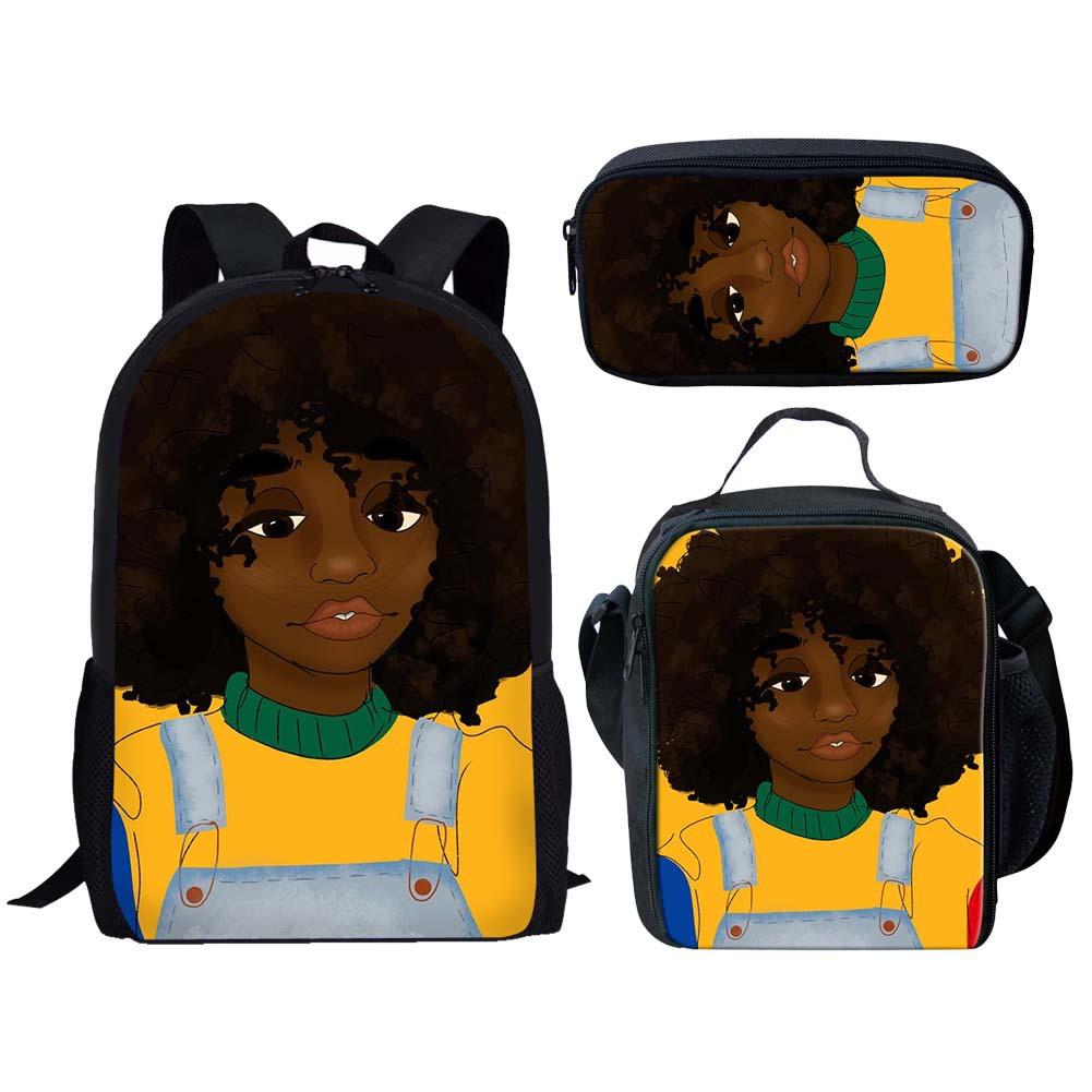 Classic Popular Novelty Cute African girl 3D Print 3pcs/Set pupil School Bags Laptop Daypack Backpack Lunch bag Pencil Case