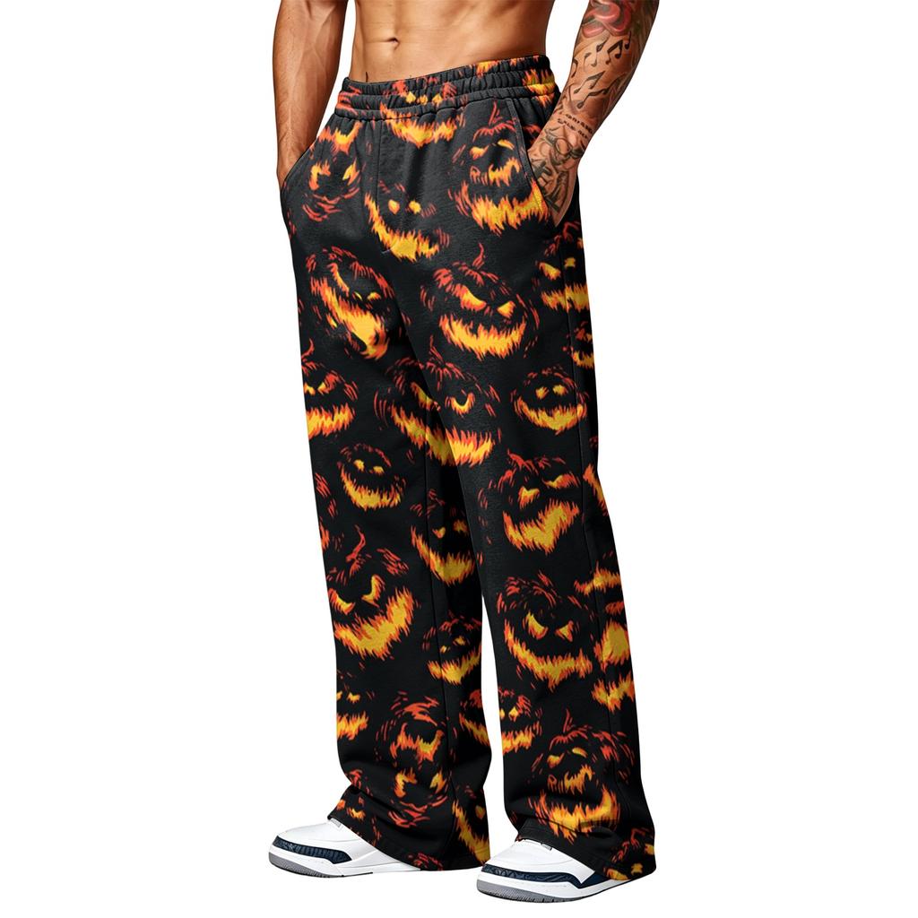 Men's Loose Wide Leg Cargo Jogger Pants with Pockets Halloween Print for Casual Outdoor Wear