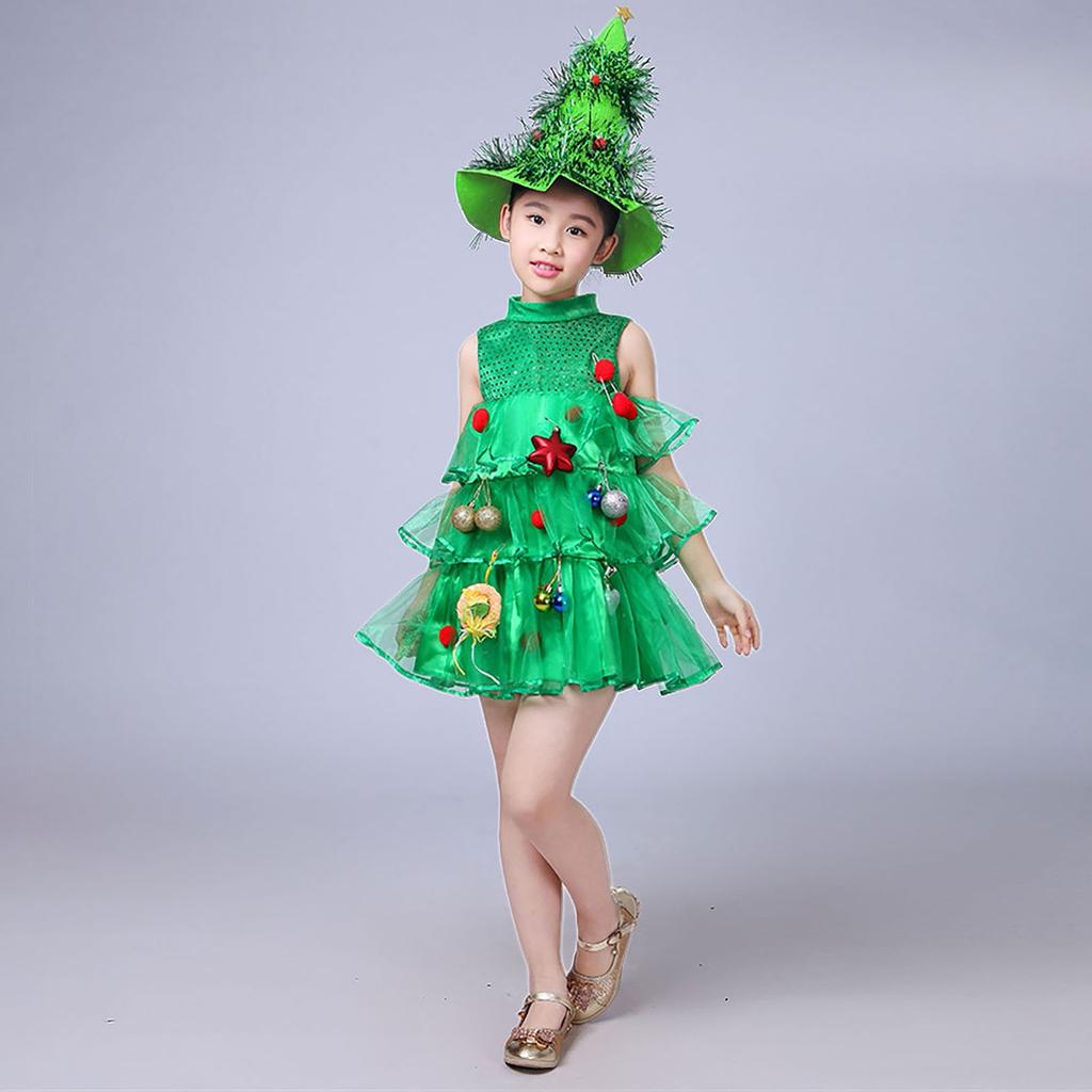 Toddler Kids Baby Girls Christmas Tree Costume Dress Tops Party Vest+Hat Outfits