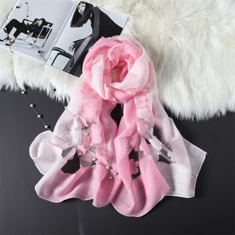 Women Cut Flowers Hollow Lace Gradient Silk Scarf Spring Shawls and Wraps Towel Femme Beach Sjaals