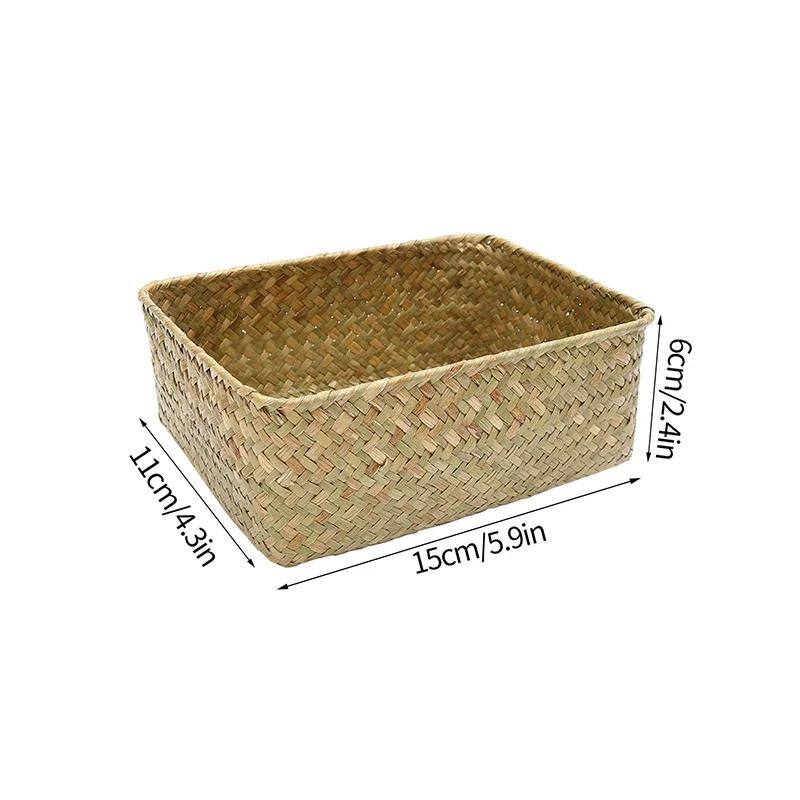 Handmade Woven Seagrass Storage Basket Desktop Straw Rattan Organzier Picnic Storage Box Desk Cosmetic Fruit Sundries Container