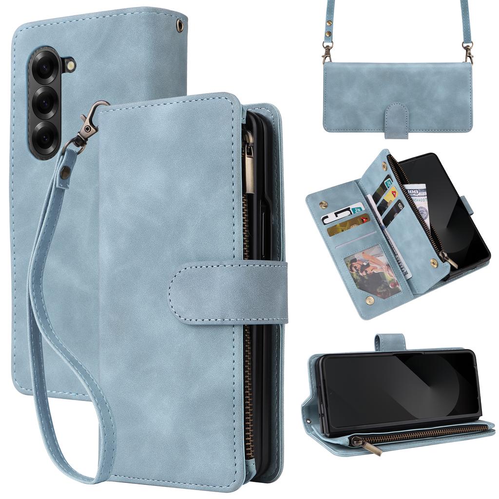 For Samsung Galaxy Z Fold6 5G Case Zipper Multi-Pocket Wallet Leather Phone Cover with Shoulder and Wrist Straps