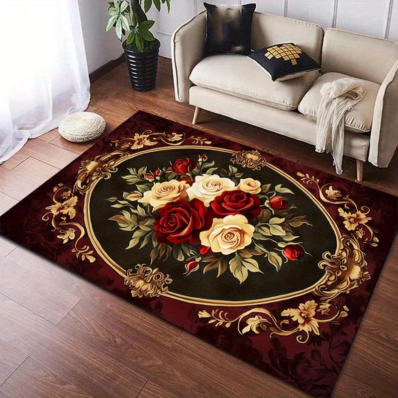 Vintage Floral Rug - Luxury Red & White Rose Design, Polyester Large Area Carpet for Entryway, Living Room & Bedroom
