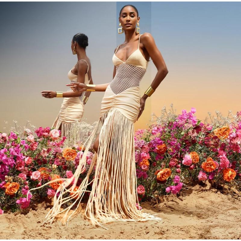 Hollow Out See-through Long Dress Women Holiday Tassels High Waist Sleeveless Strap Dresses Female Backless Evening Club  Robe