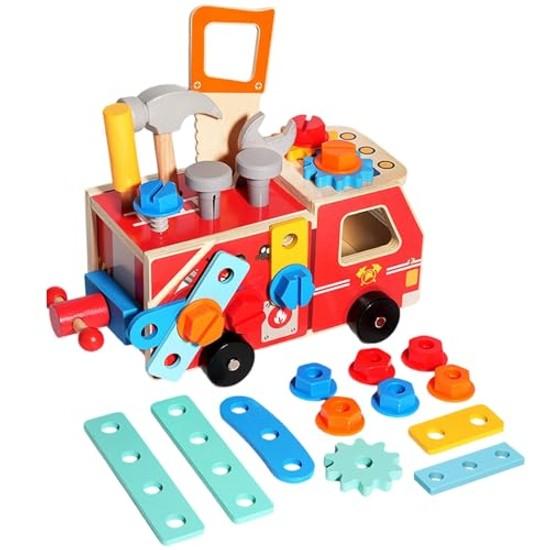 Educational Toy Fire Truck Pretend Play As Carpenter Assembly Disassembly DIY Tool Set Vehicle Wooden Puzzle Building Blocks Shape Matching Suitable