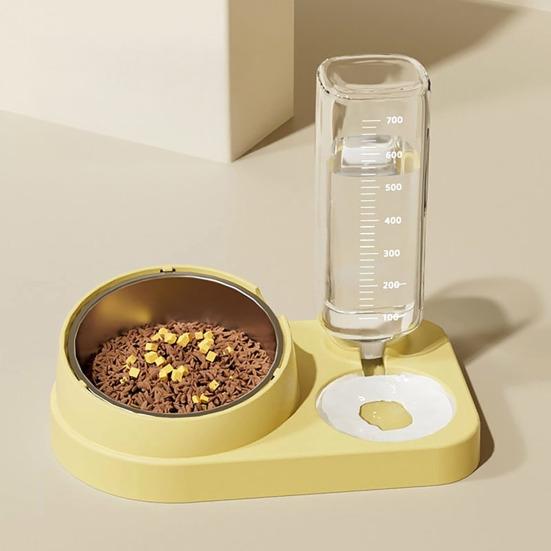 2-in-1 Pet Feeder Tilted Dog Food Bowl with 700ml Automatic Water Dispenser Stainless Steel Bowl Food And Water Feeder for Cats Dogs