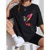 Damen Freizeit T-Shirt Weiß Bunter Kolibri-Print Sommer Mode Oberteil für Alltag und Ausgehen