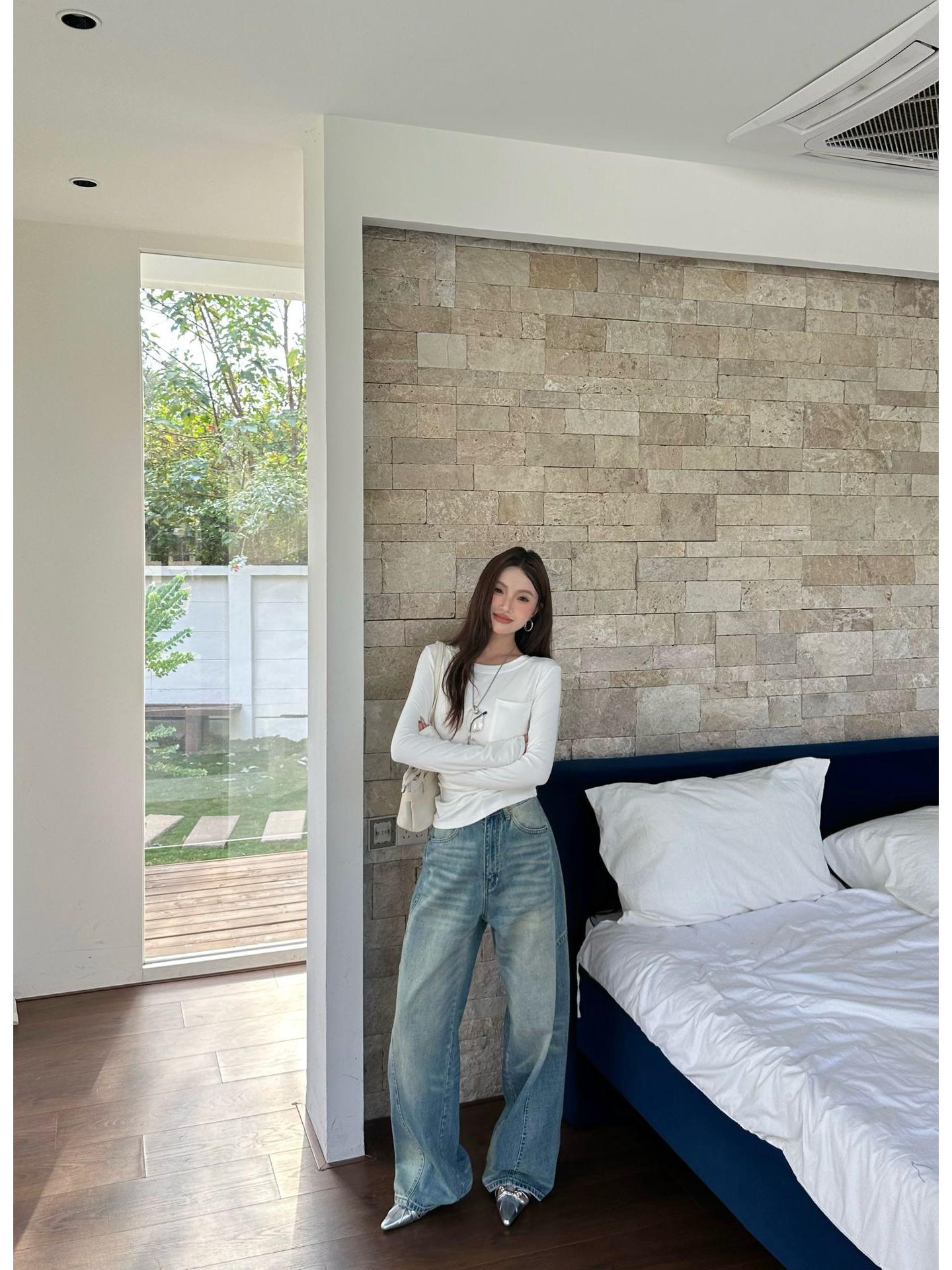 Lu Sheng Unisex Vintage Washed Wide-Leg Patchwork Jeans - Trendy Loose Fit Straight-Leg Casual Pants Small