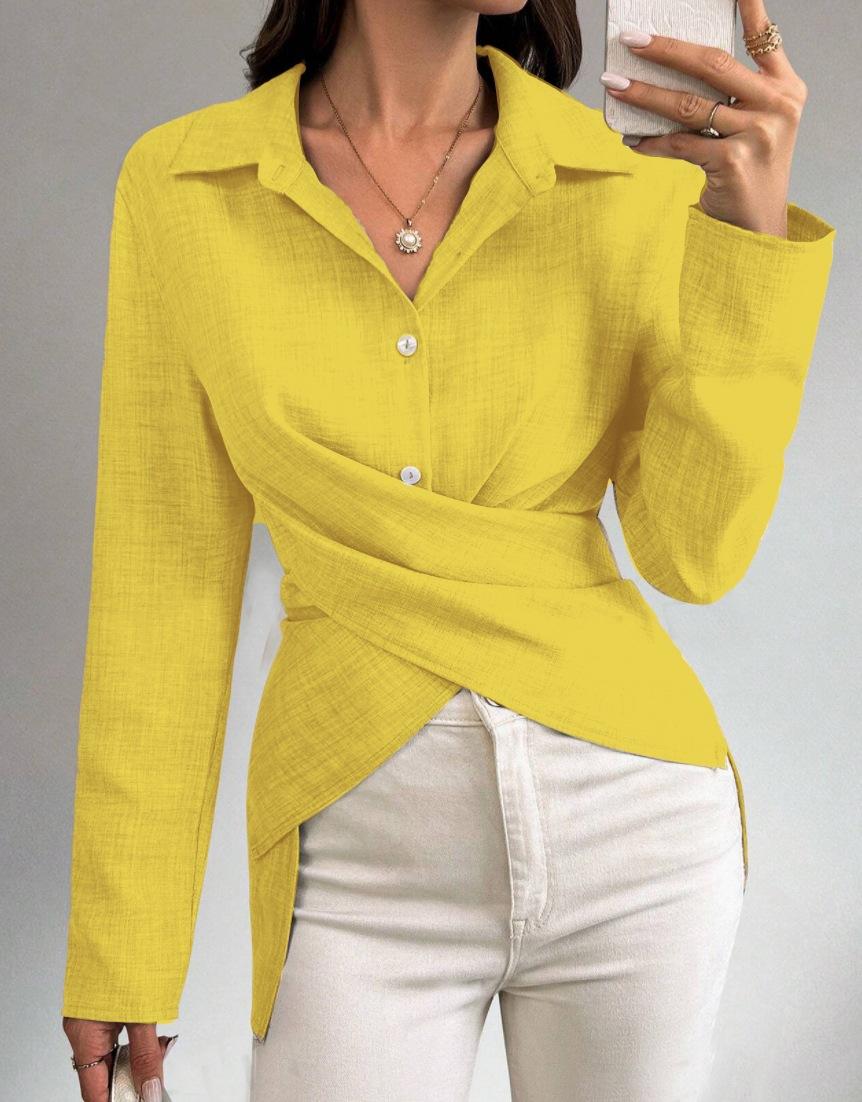 

Autumn simple fashion versatile waist solid color shirt women s clothing XXL жовтий