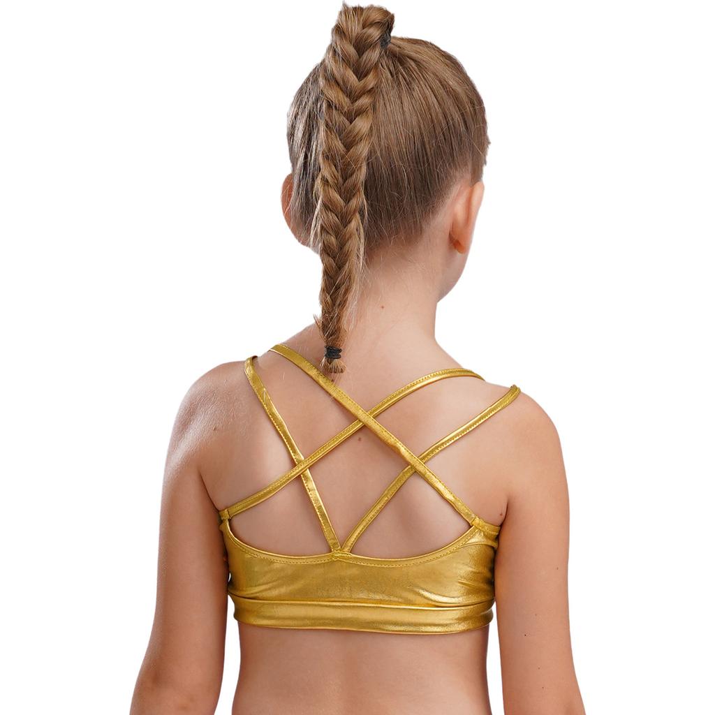 Girls Gymnastics Dance Camisole Crisscross Strappy Back Metallic Crop Top