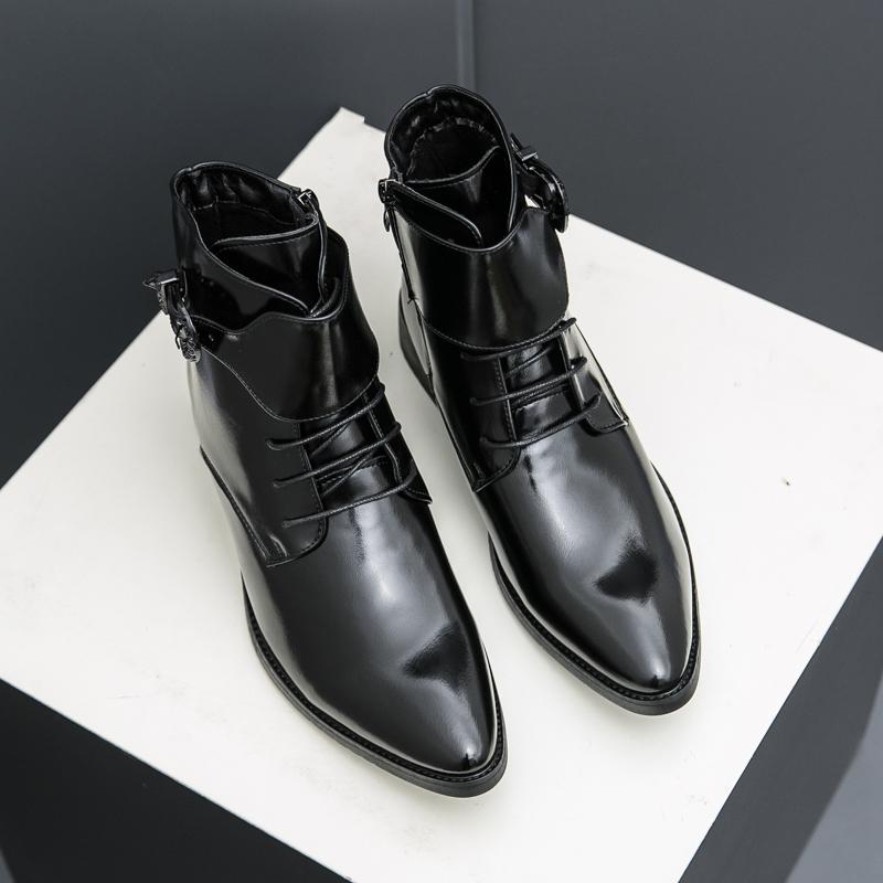 Fashion Fashion Brand Men Buckle Side Zipper High Top Leather Shoes Autumn New Outdoor Denim Pointed High Top Boots Formal Leather Shoes
