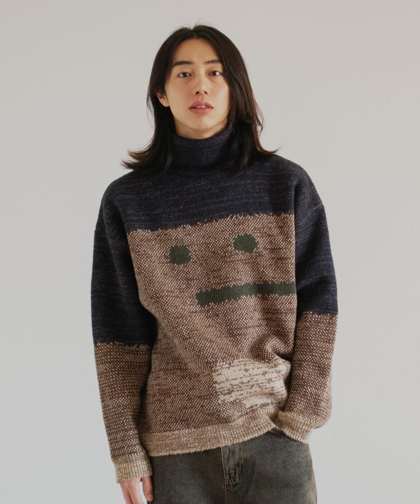 GROUNDWORK Square Man Turtleneck Knit Sweater / Navy Brown Mix