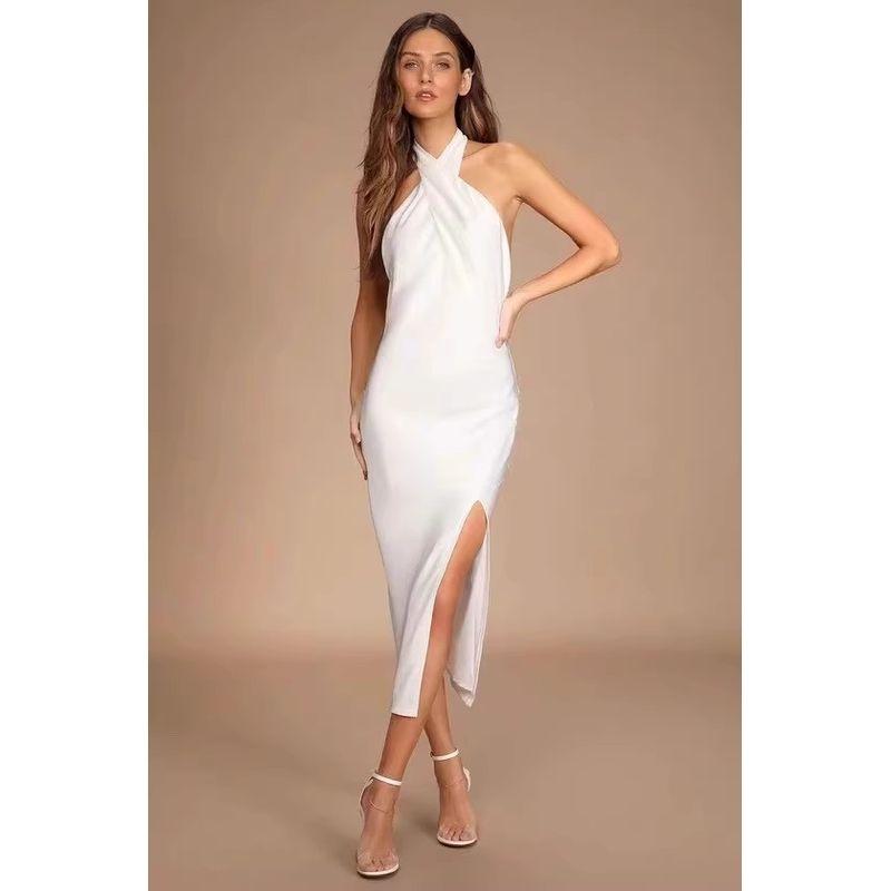 

Foreign Trade Order Lu s Summer New Hanging Neck Sexy Smooth Fabric Temperament Fashion Personality Gyaru Vacation Dress White M