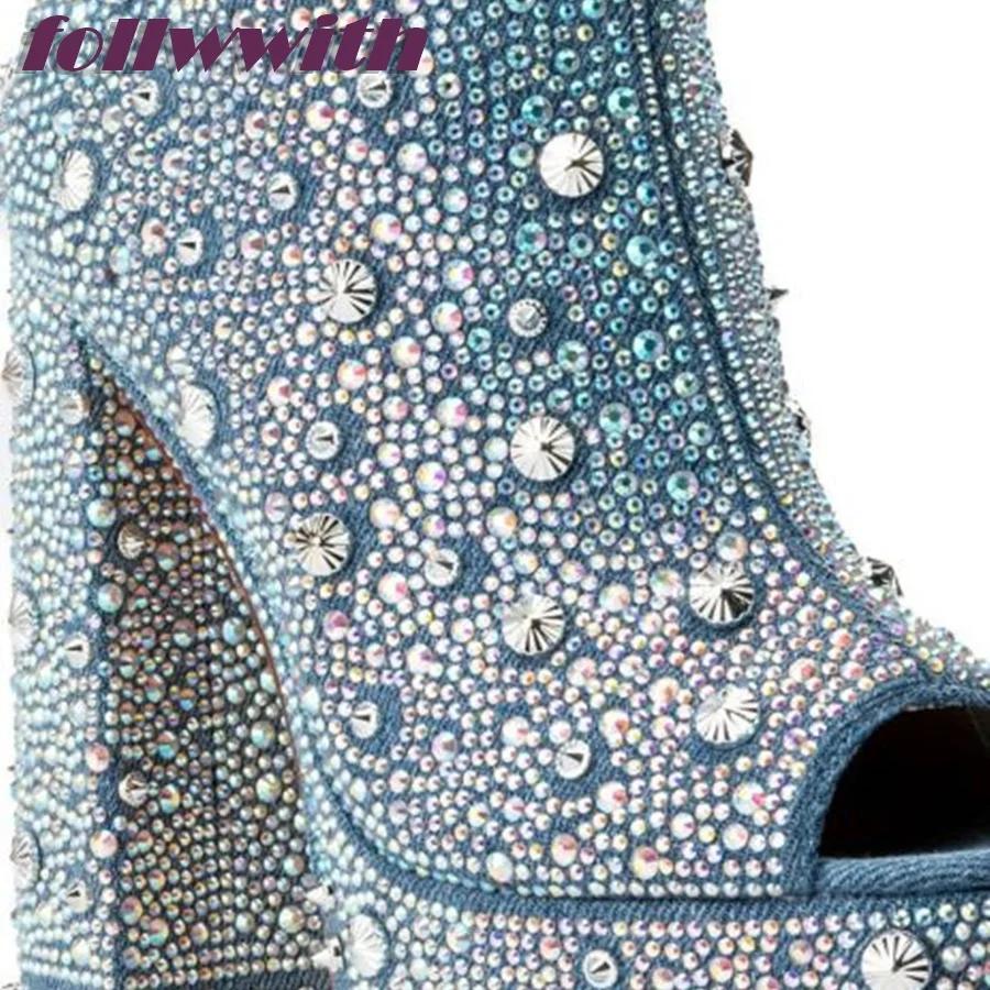 Fashion Bling Rivet Decoration Denim Square Heel Peep Toe Pumps Platform Super High Fashion Modern 2025 Hot Sale New Arrival Shoes