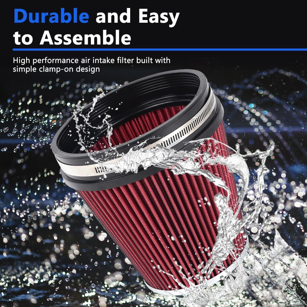 6" Inlet Cold Air Intake Filter Cone Replacement Performance Washable Clamp-On Dry Air Filters Red (6" Tall)