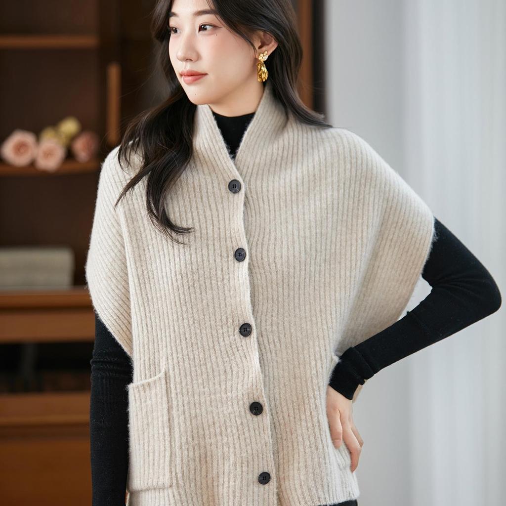 Women's 100% Wool Knit Cardigan Vest - Autumn/Winter 2025 Shawl