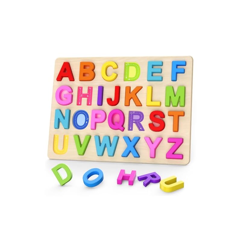 Zeoddler Alphabet Puzzle, Wooden Puzzle for Toddlers, ABC Shape Puzzle for Kids, Preschool Learning Activity, Gift for Girls and Boys.