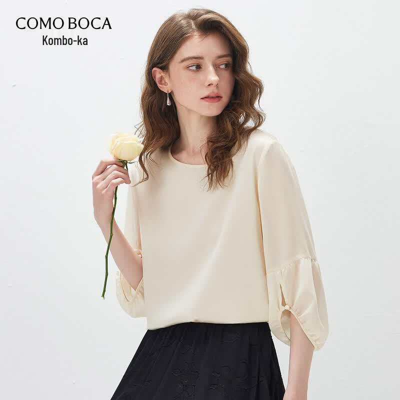 Women s Light Luxury Mulberry Silk Spliced Half-Sleeve Top XL