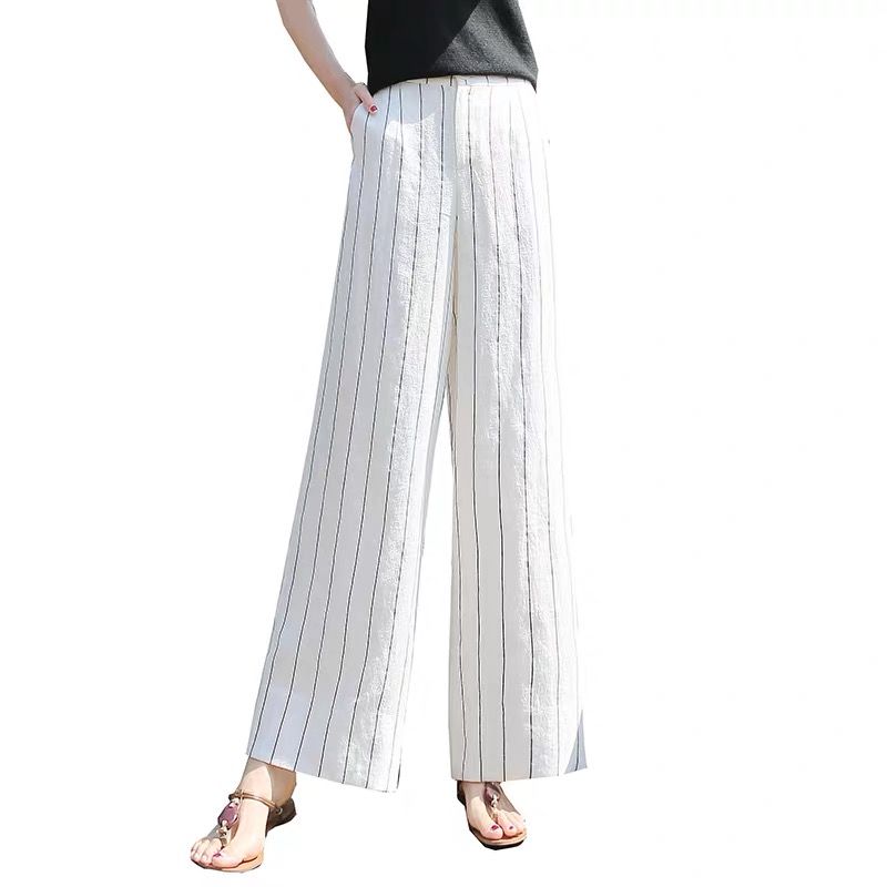 Dámské letní kalhoty Bavlněný Lněný Pás Široké kalhoty pro ženy v pouličním stylu