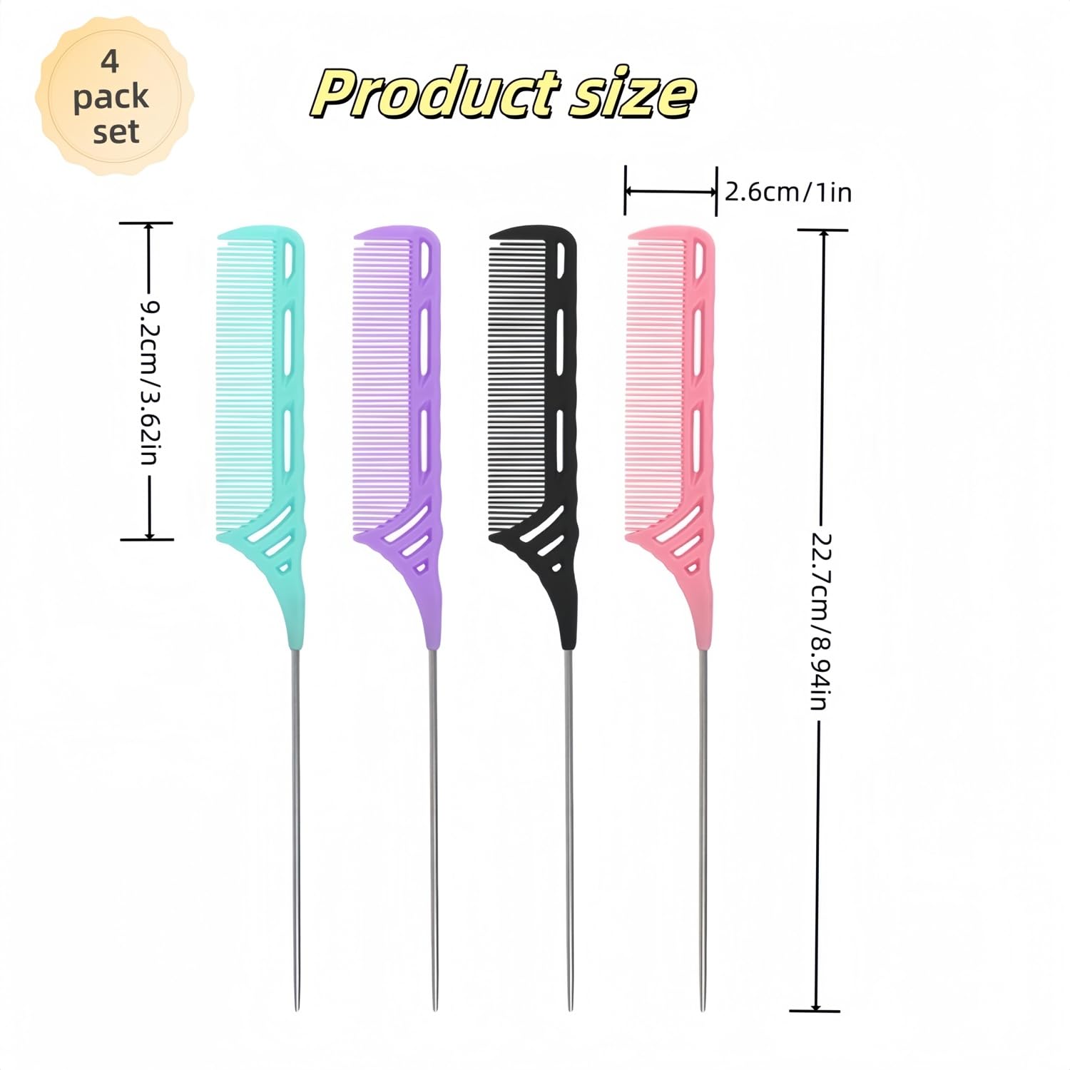 4 Pcs Rat Tail Comb Set Steel Pin Rat Tail Carbon Fiber Heat Resistant Teasing Combs with Hollow Design, Metal Parting Fine Tooth Hair Combs for