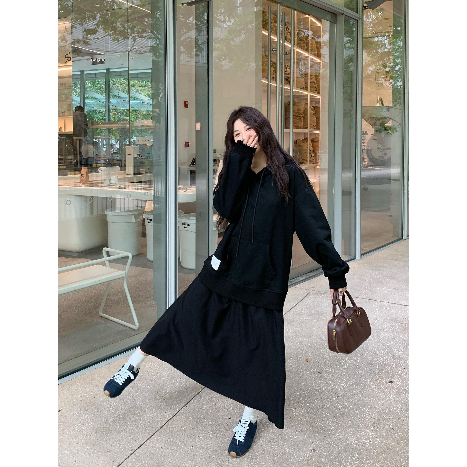 60391#NAZ Plus Size Women s Hooded Patchwork Slimming Oversized Dress - Autumn Korean Style Sweatshirt L чёрный