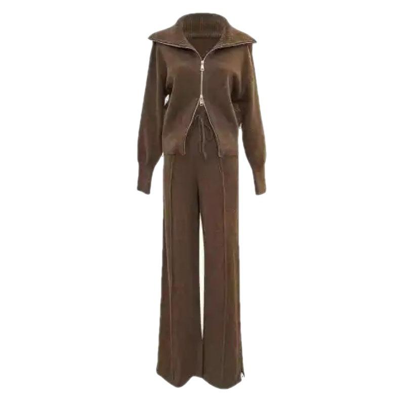 Fashion Suit Autumn and Winter Lapel Zipper Jacket Wide-leg Trousers Two-piece Set