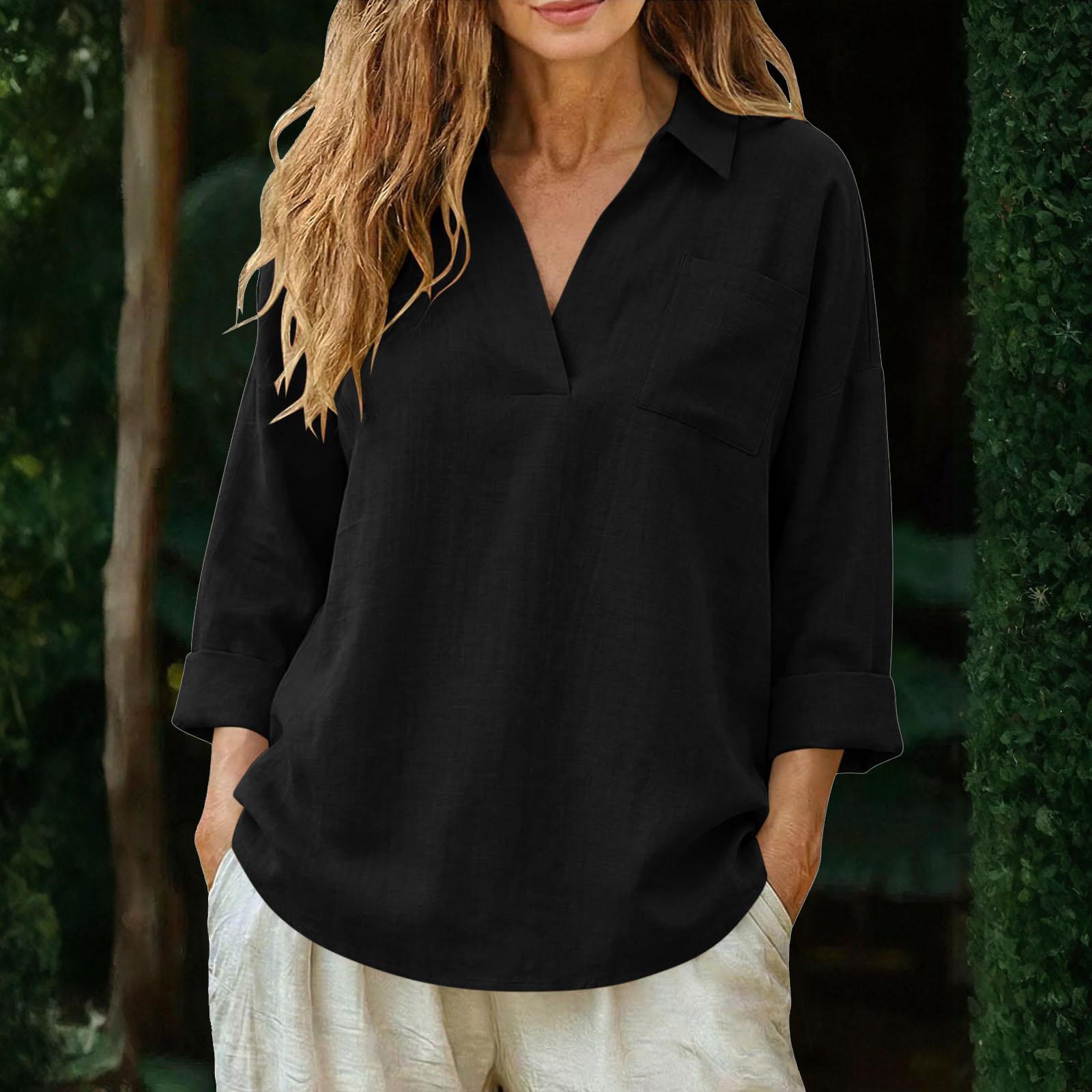 

Women s Loose-Fit Cotton-Linen V-Neck Long-Sleeve Shirt With Pockets – -Color Casual Top L чёрный