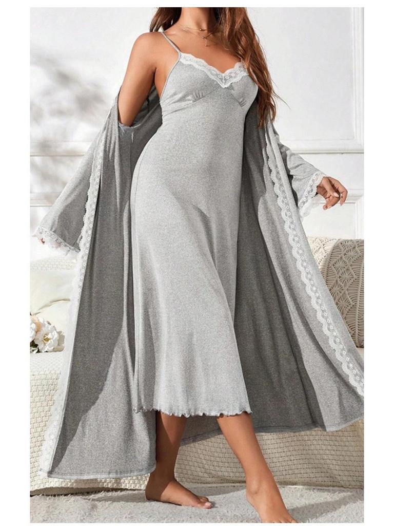 Elegant Milk Silk Lace Nightdress & Bathrobe Set - Sexy Two-Piece Pajamas