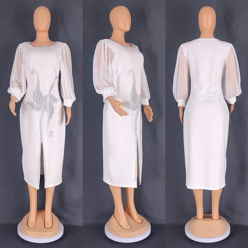 Hotfix Rhinestone Mesh Sleeve Bodycon Dress - Elegant Slim Fit with Sexy Round Neck