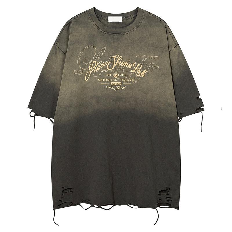 American retro old gradual change washed short-sleeved T-shirt high street hole drawstring design heavy industry letter printing street