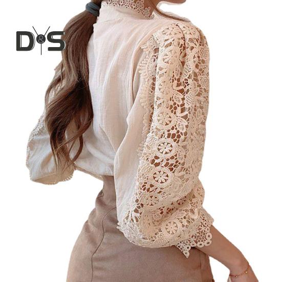 Kadın Gömlek Stand Yaka Fener Uzun Kollu Tek Sıra Gömlek Üstleri İçi Boş Nakış Dantel Düz Renk Üstler