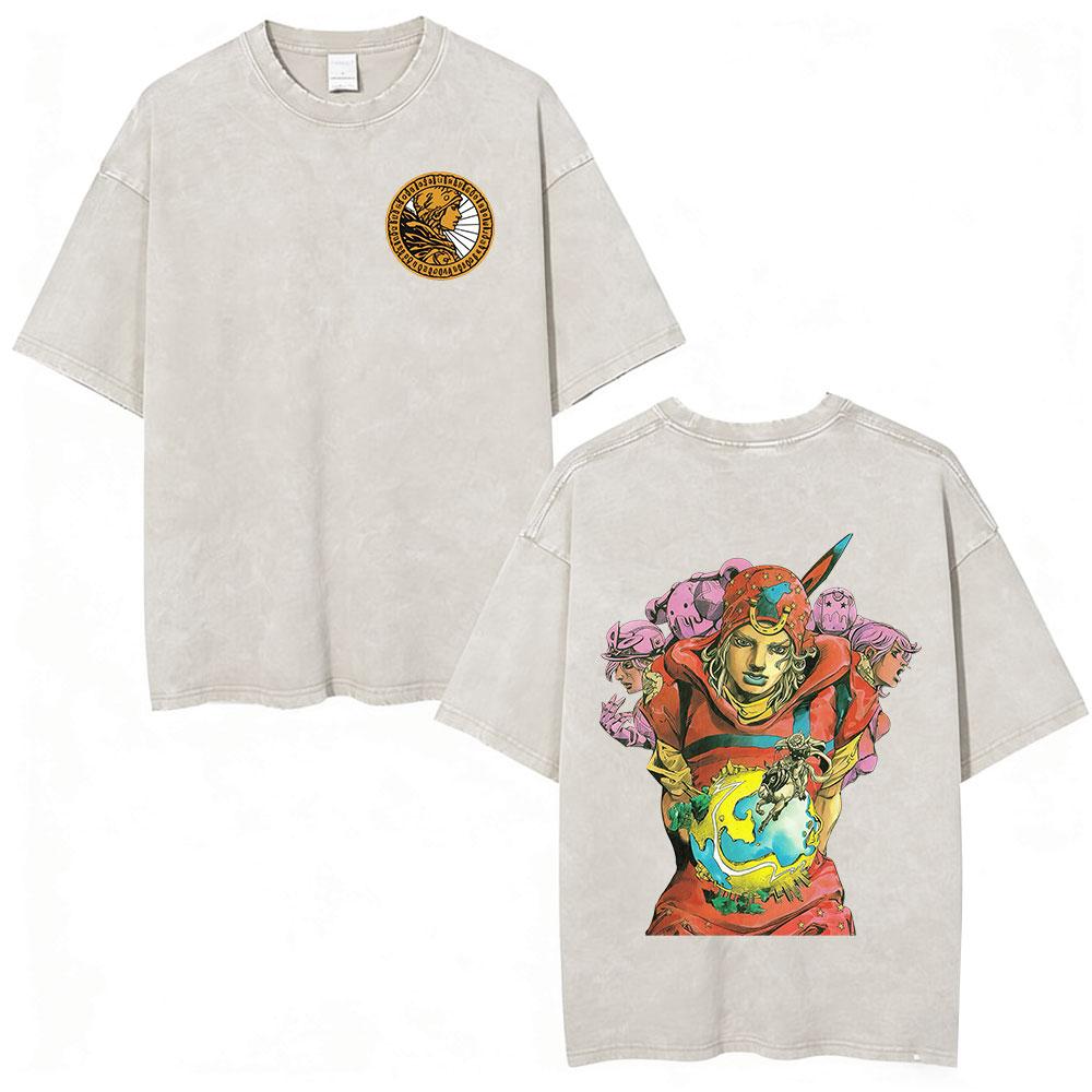 Anime Jojo Bizarre Adventure Manga Vintage Acid Washed T Shirt Men Women Casual Short Sleeves T-shirt Streetwear