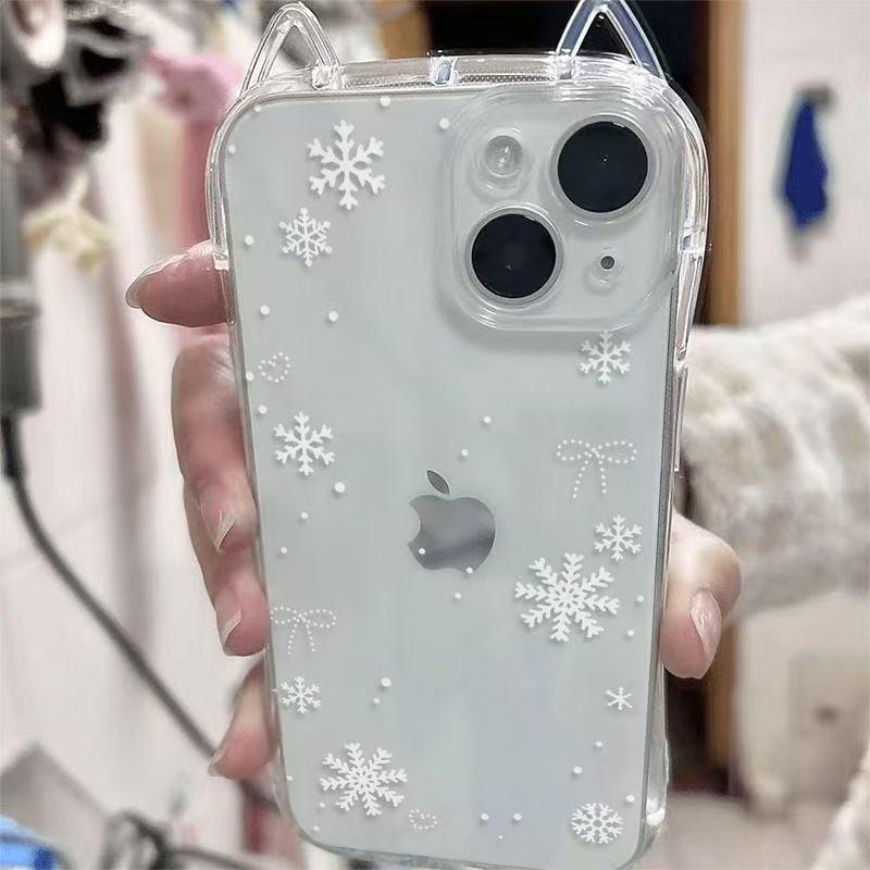 

Trendy Cartoon Snowflake Cat Ear Bow Case for iPhone 11, 12, 13, 15, 16, 17 Pro Max iPhone 15