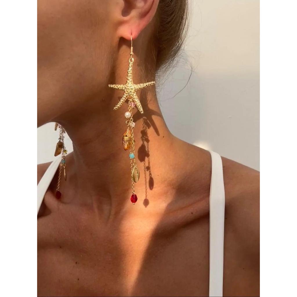 Women's Bohemian-style Alloy Statement Earring Set with a Nautical Starfish and Seashell Design, Perfect for Everyday Wear