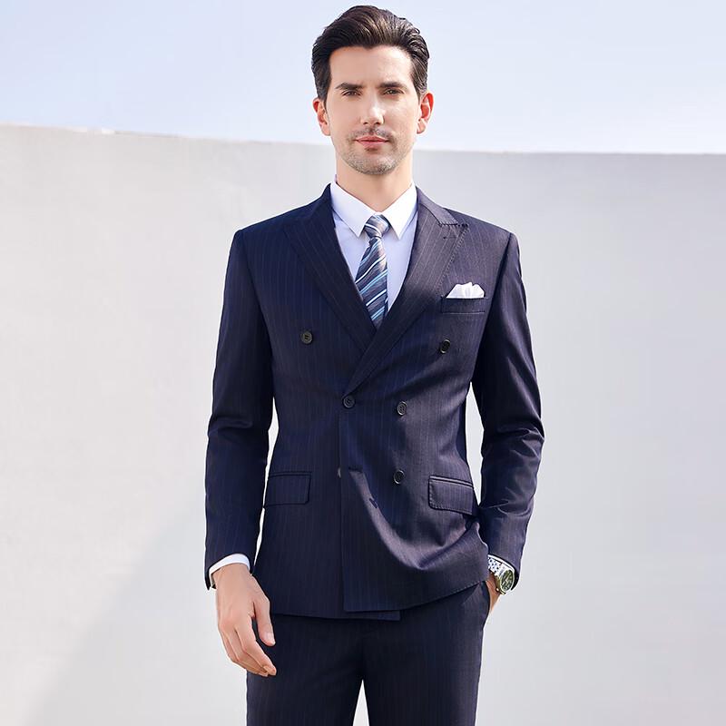 Мужской и женский двубортный деловой костюм в темно-синюю полоску Terman 4XL