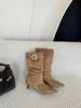 Retro pointed pile boots women's new brown stiletto belt buckle mid boots