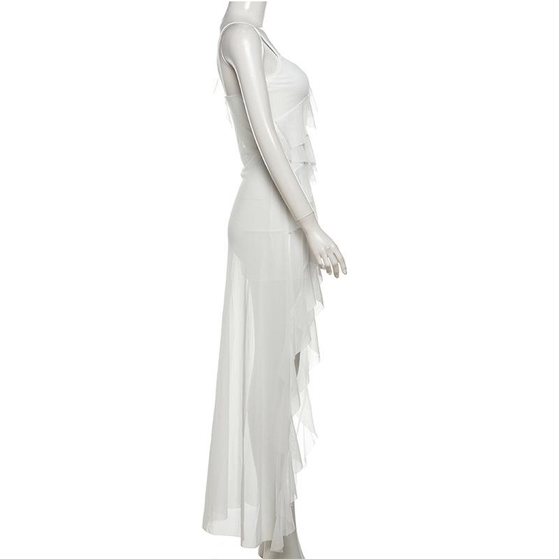 Women's White Ruffled High Low Maxi Dress Sexy V-Neck Spaghetti Strap Backless Bodycon Party Dress