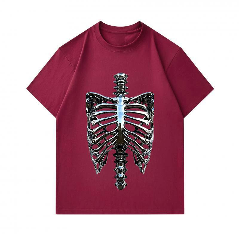 Men's 100% Cotton Crew Neck Short Sleeve T-Shirt, Metallic Skeleton Rib Cage Print Casual Comfortable Summer Tee for Daily Street Wear