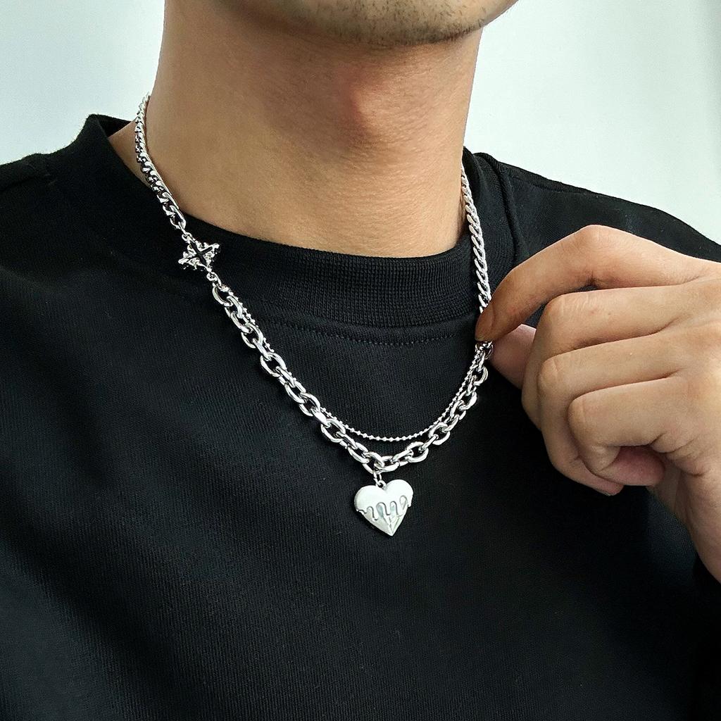 IngeSight.Z New Love Heart Pendant Necklace for Men Trendy Stainless Steel Cross Choker Necklace Male Punk Hip Hop Neck Jewelry