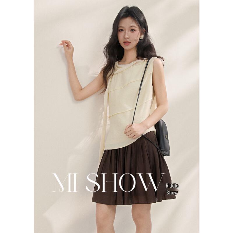 Mixiu Linen Blend Sleeveless Ribbon Design Top L