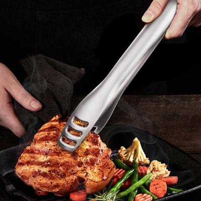 Pince alimentaire en acier inoxydable 304, ouverture automatique par gravité, fermeture creuse, longue poignée, Anti-brûlure, pince de service multifonctionnelle pour Steak et pain, pince de cuisine pour barbecue