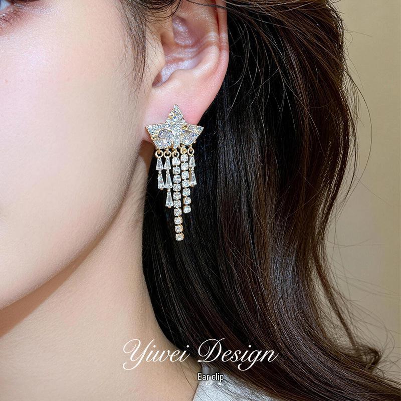 18k Gold Plated Star Tassel Zirconia Ear Clip Earrings: Fashionable and Elegant Design for Women