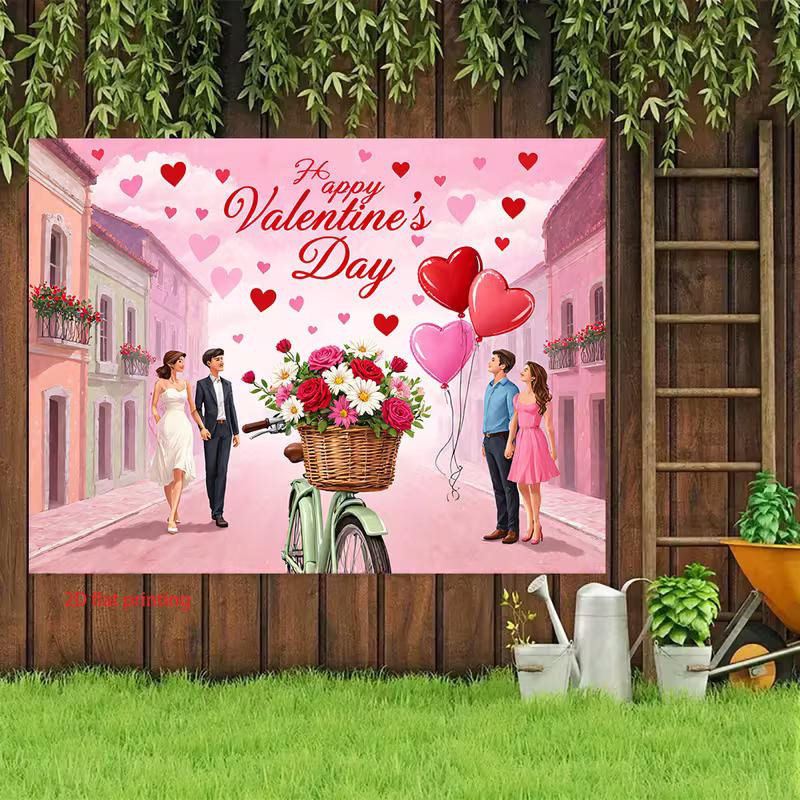 2D Romantic Town Valentine's Day Backdrop for Couple Party Photoshoot