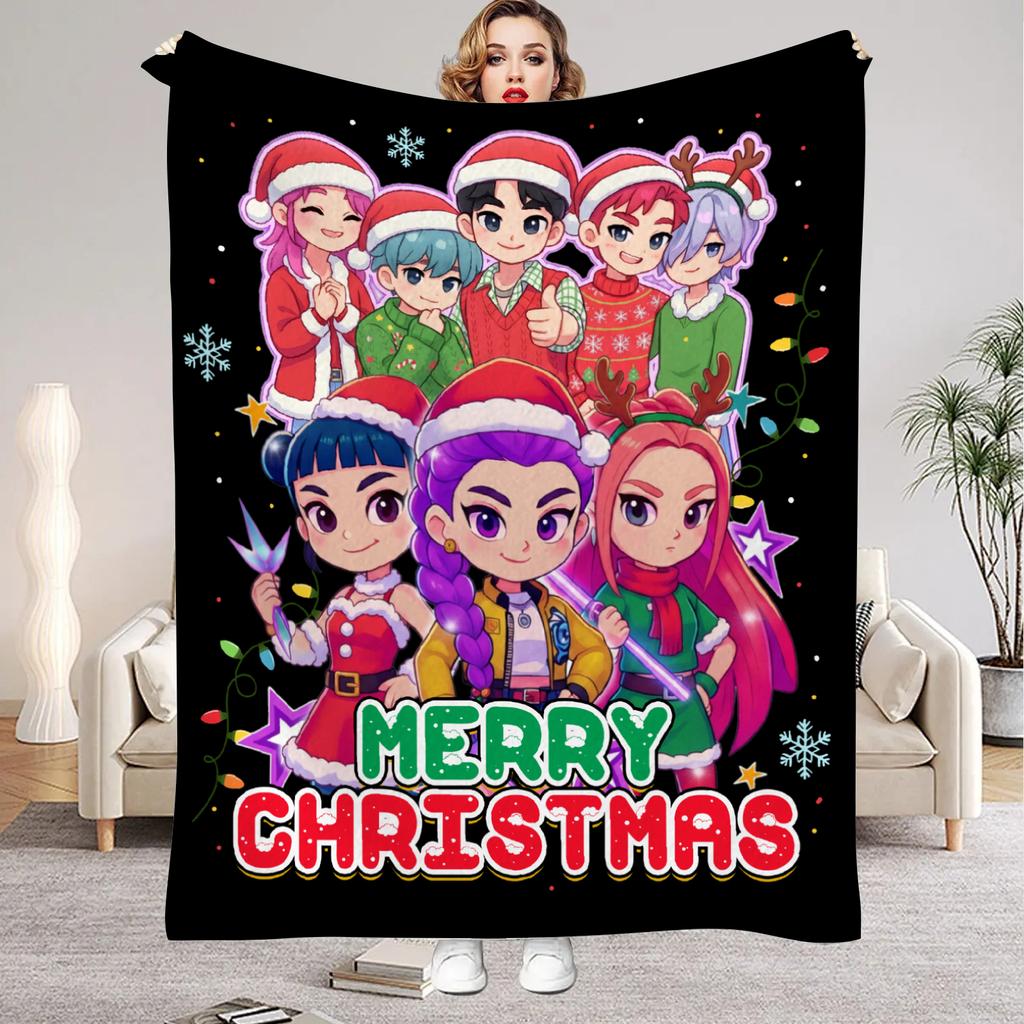 Christmas Theme K-Pop Demon Hunters Blanket Girls Boys Plush Throw Blanket Novelty Warm Blanket All Season Gift for Bed Sofa
